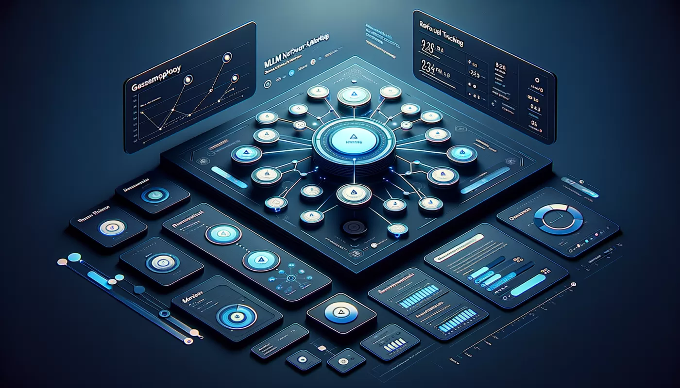 MLM.PAGE dashboard showing network marketing website builder with downline tree view and analytics