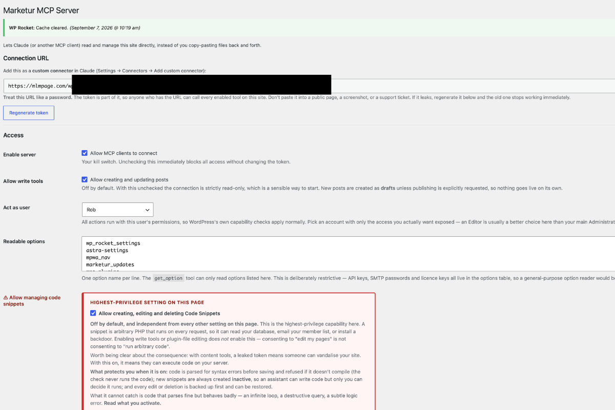 Marketur MCP Server WordPress admin settings for connecting ChatGPT and Claude