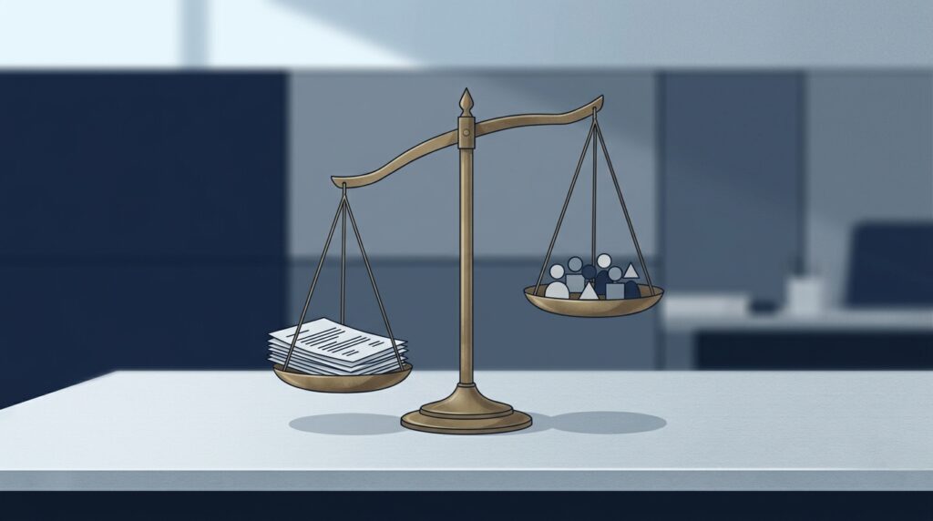 Balance scales weighing a stack of documents against a group of small abstract figures, illustrating a regulatory settlement affecting participants.