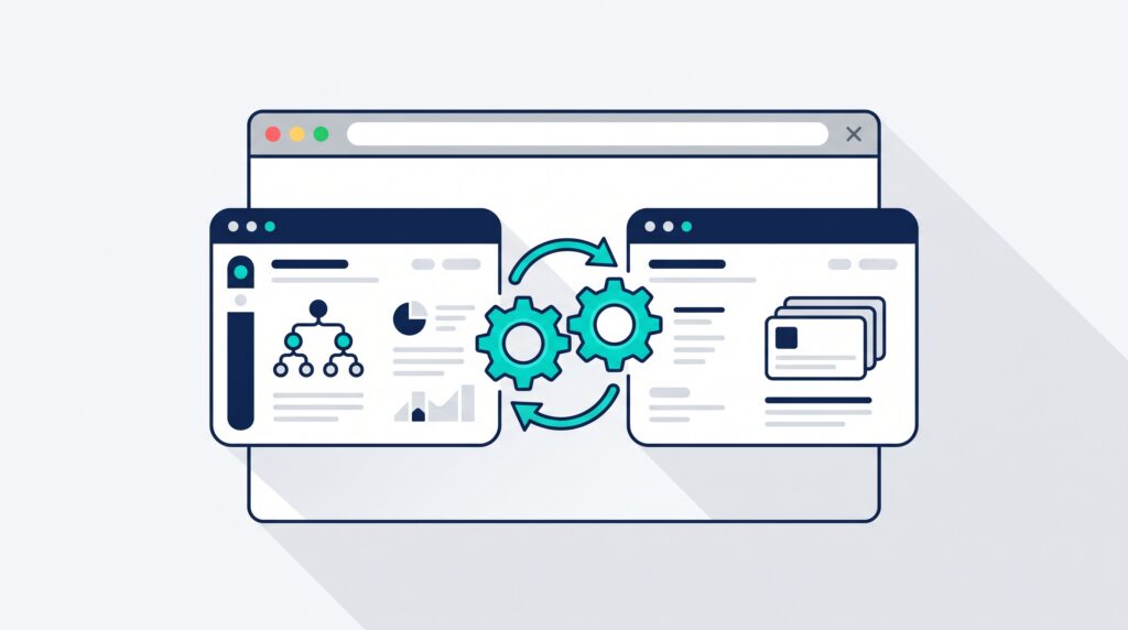 Illustration of two dashboard panels linked by connecting arrows and gears, representing Ultimate Affiliate Pro and Ultimate Membership Pro working together on WordPress.