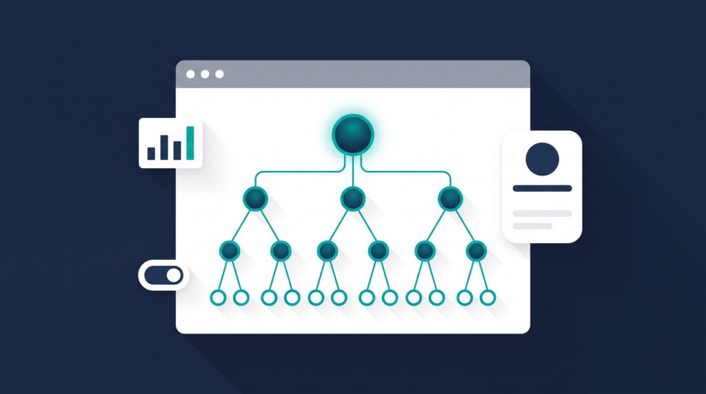 Illustration of a multi-level affiliate referral tree inside a browser window, representing MLM commission structure setup in Ultimate Affiliate Pro on WordPress.