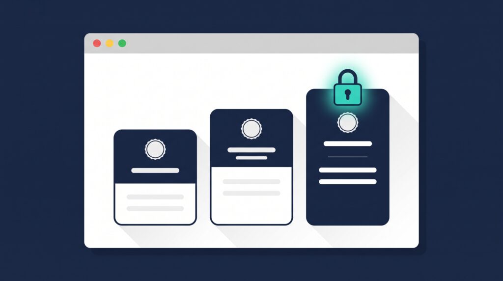 Illustration of stacked membership tier cards with a padlock, representing membership level setup in Ultimate Membership Pro for WordPress.